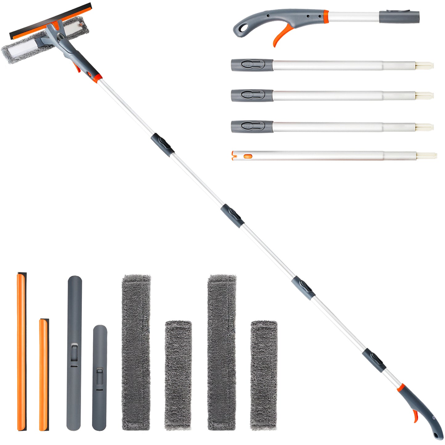 eazer 89’’ Spray Window Washer Kit - 3-in-1 Squeegee Cleaner with Extension Pole, Microfiber & Chenille Cloth for Indoor and Outdoor Use