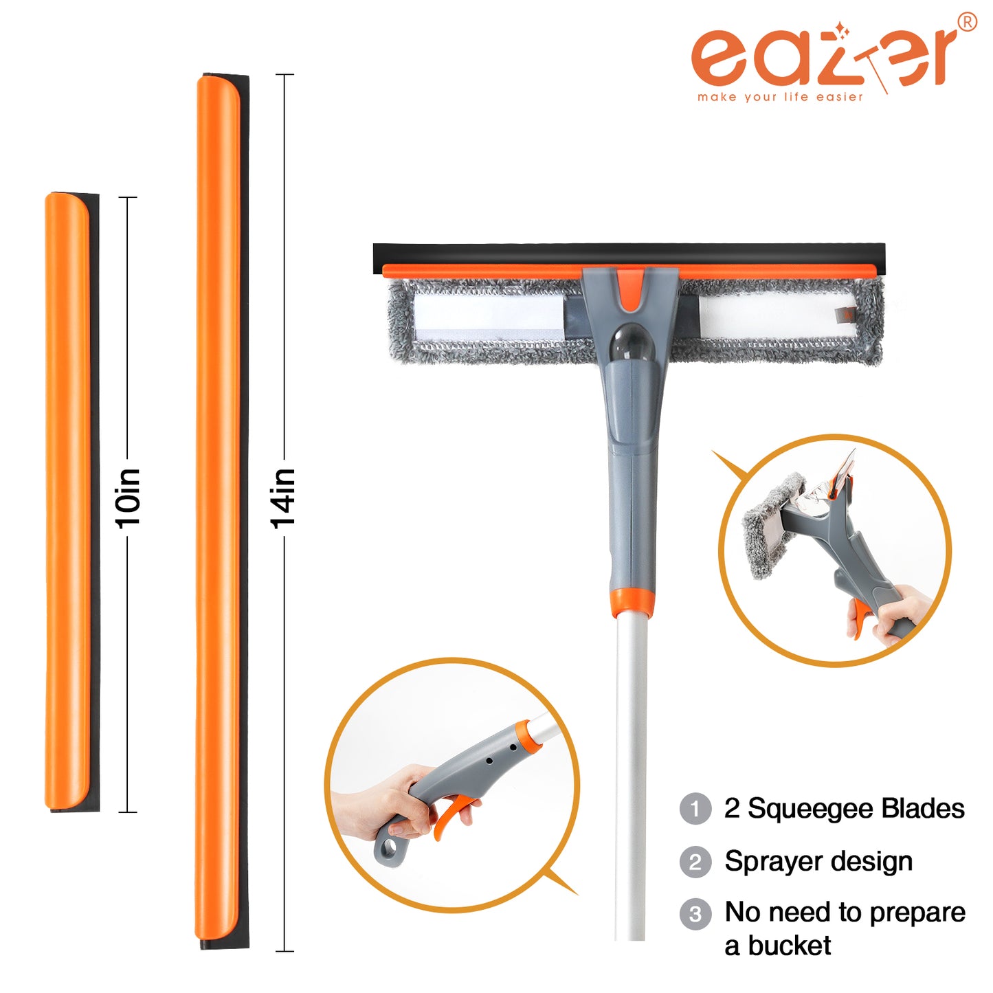 eazer 89’’ Spray Window Washer Kit - 3-in-1 Squeegee Cleaner with Extension Pole, Microfiber & Chenille Cloth for Indoor and Outdoor Use