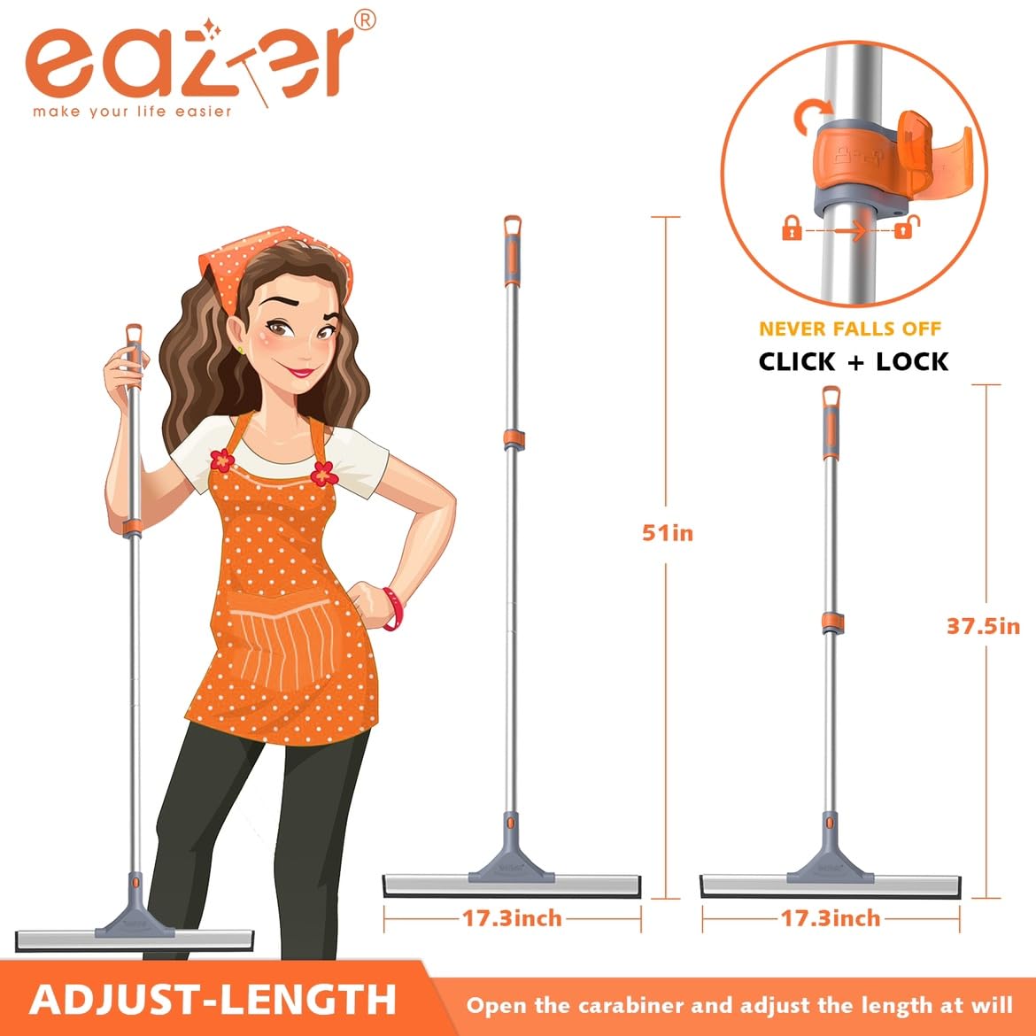 Eazer Floor Squeegee Broom - Heavy Duty Scrubber with 50.3'' Extendable Aluminum Pole and Rubber Blade