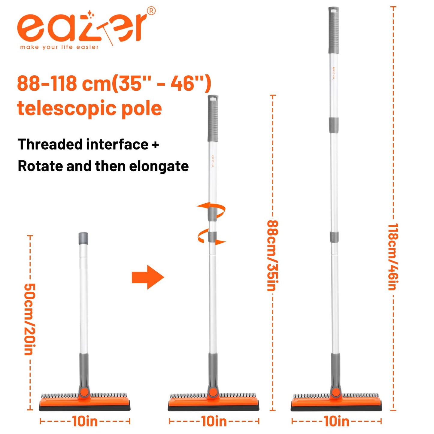 Eazer 46'' Professional Window Cleaner Tool with 2-in-1 Rotatable Squeegee and Extension Pole