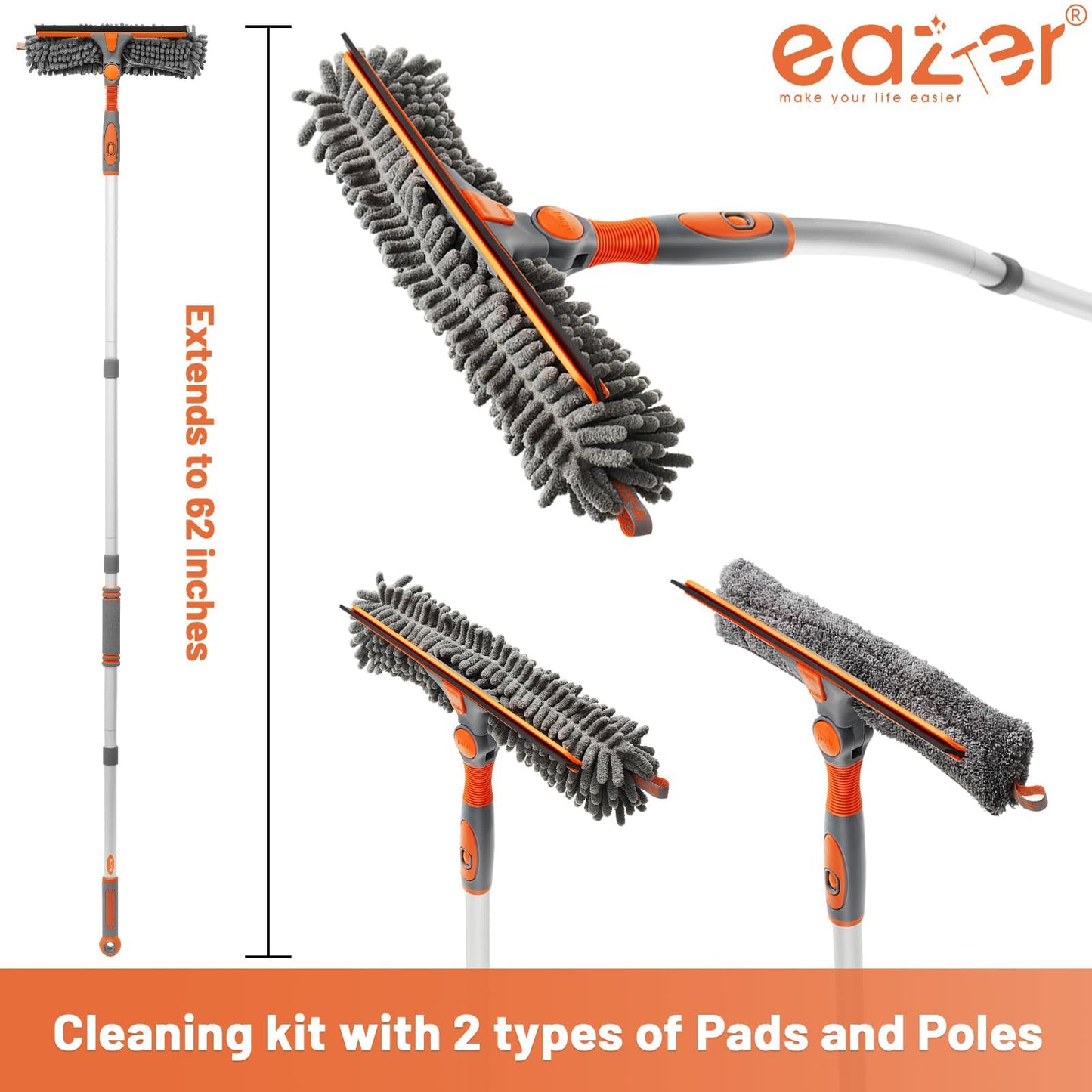 Eazer Squeegee Window Cleaner 2 in 1 Rotatable Window Cleaning Tool Kit, 62‘’ Window Washing Equipment with Bendable Head
