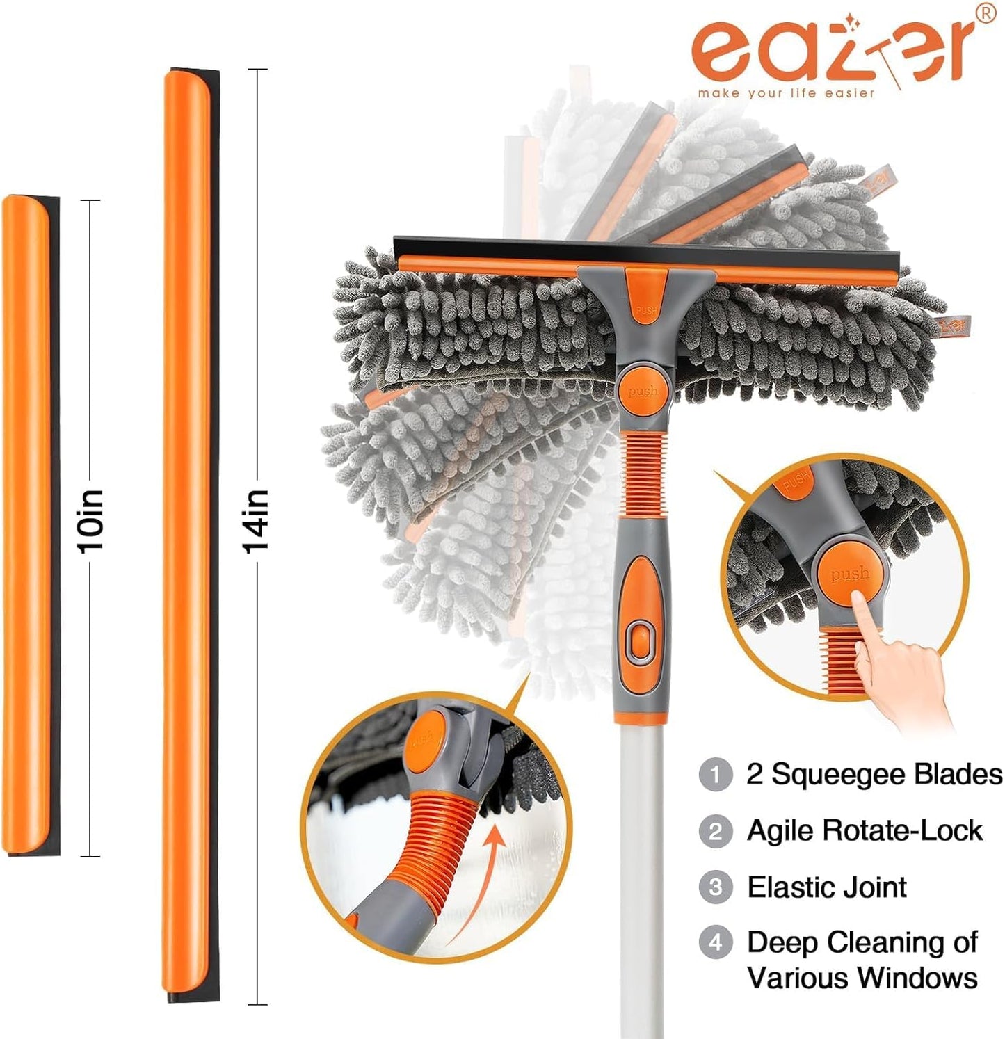 Eazer 2-in-1 Window Cleaner Tool, 64'' Window Squeegee Kit with Telescopic Pole, Window Washing Kit with Rotatable Bendable Head(Threaded + Telescopic)