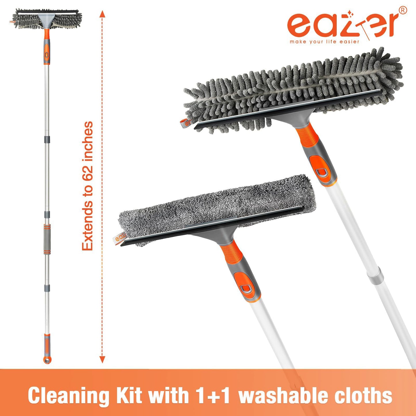 Eazer Window Squeegee Cleaner - 2 in 1 Window Cleaning Tool Kit, 62inch Extension Pole