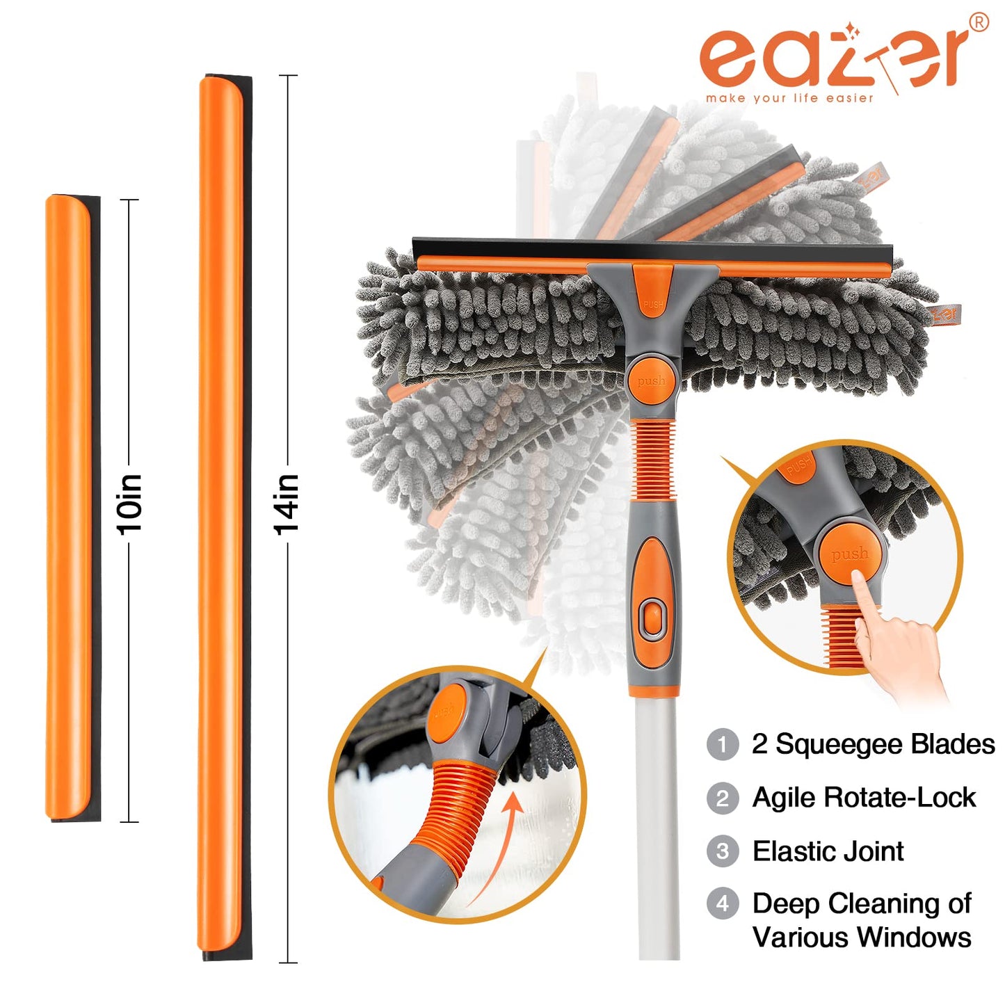 Eazer 89'' Squeegee Window Cleaner - 2 in 1 Rotatable Tool Kit with Extension Pole