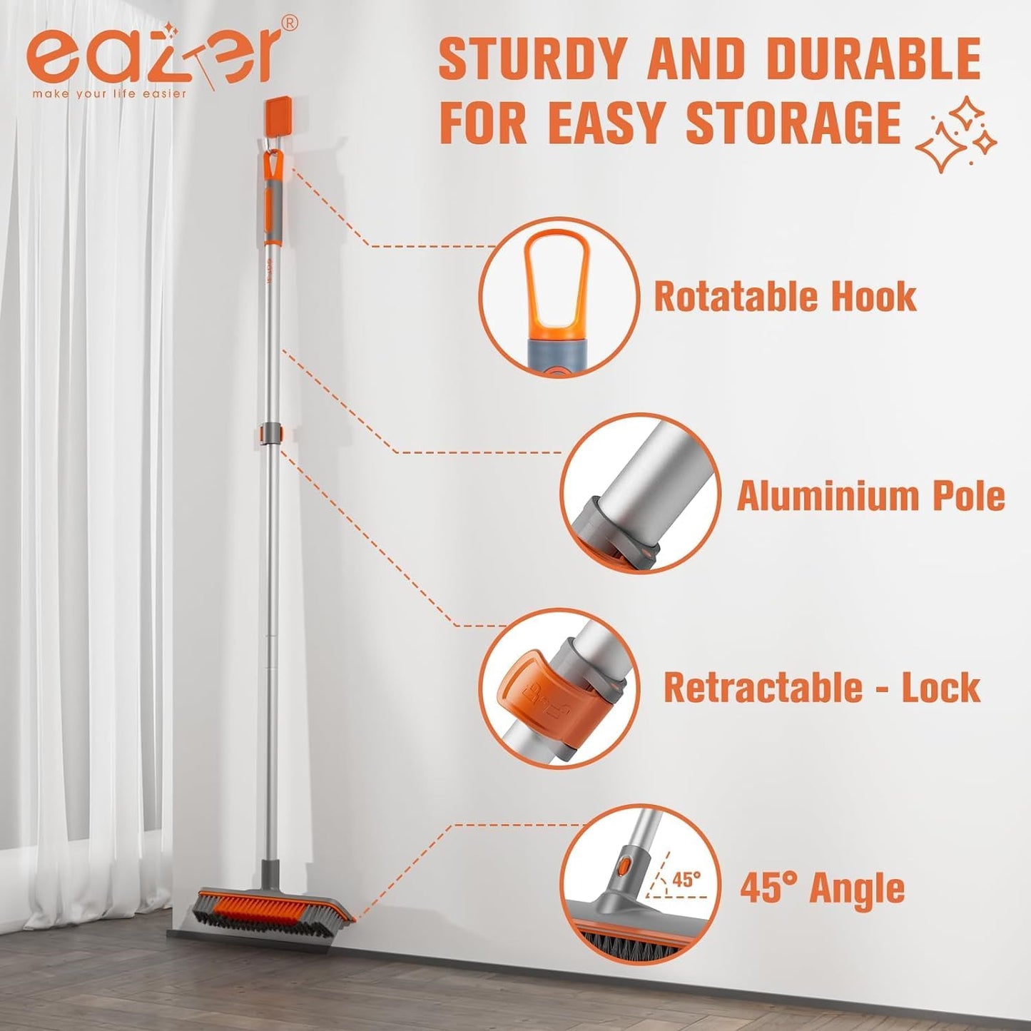 Eazer Floor Scrubber Brush - 2-in-1 Deck Scrubber with Long Handle