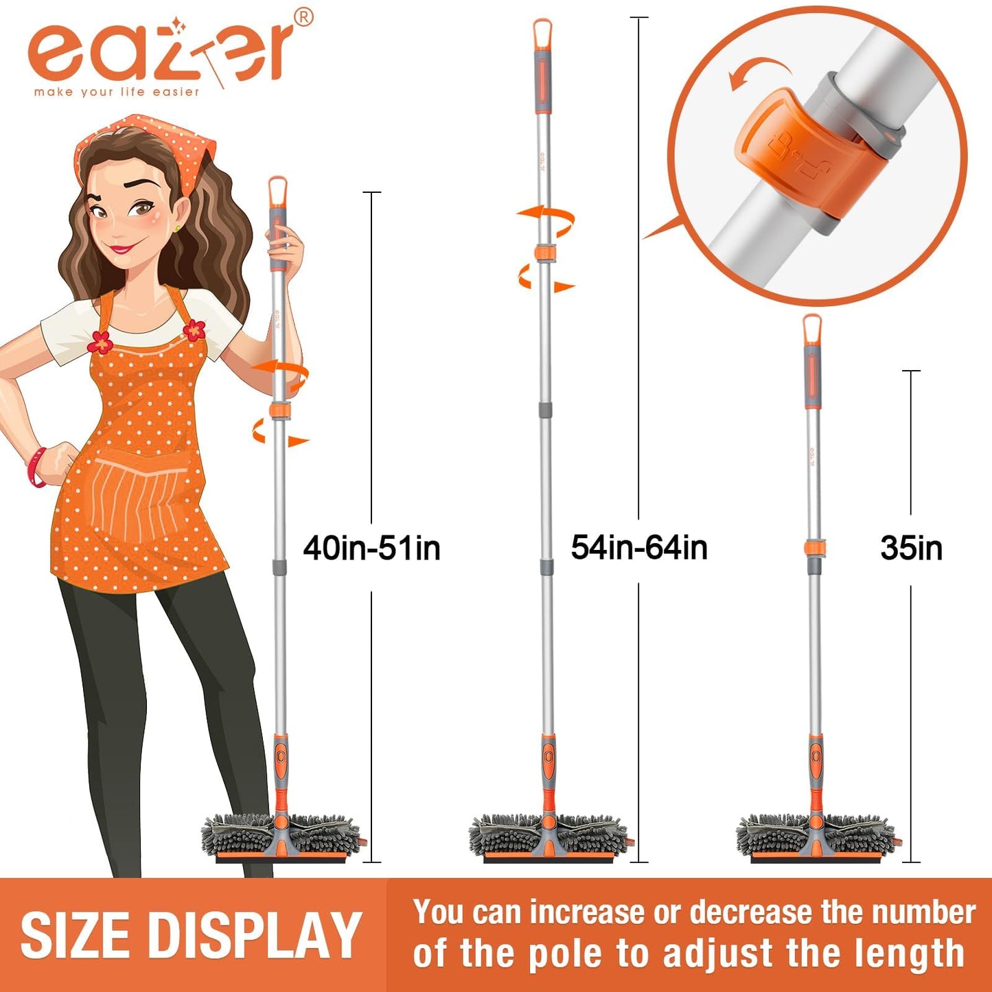 Eazer 64'' Squeegee Window Cleaner 2 in 1 Rotatable Window Cleaning Tool Kit with Telescopic Pole