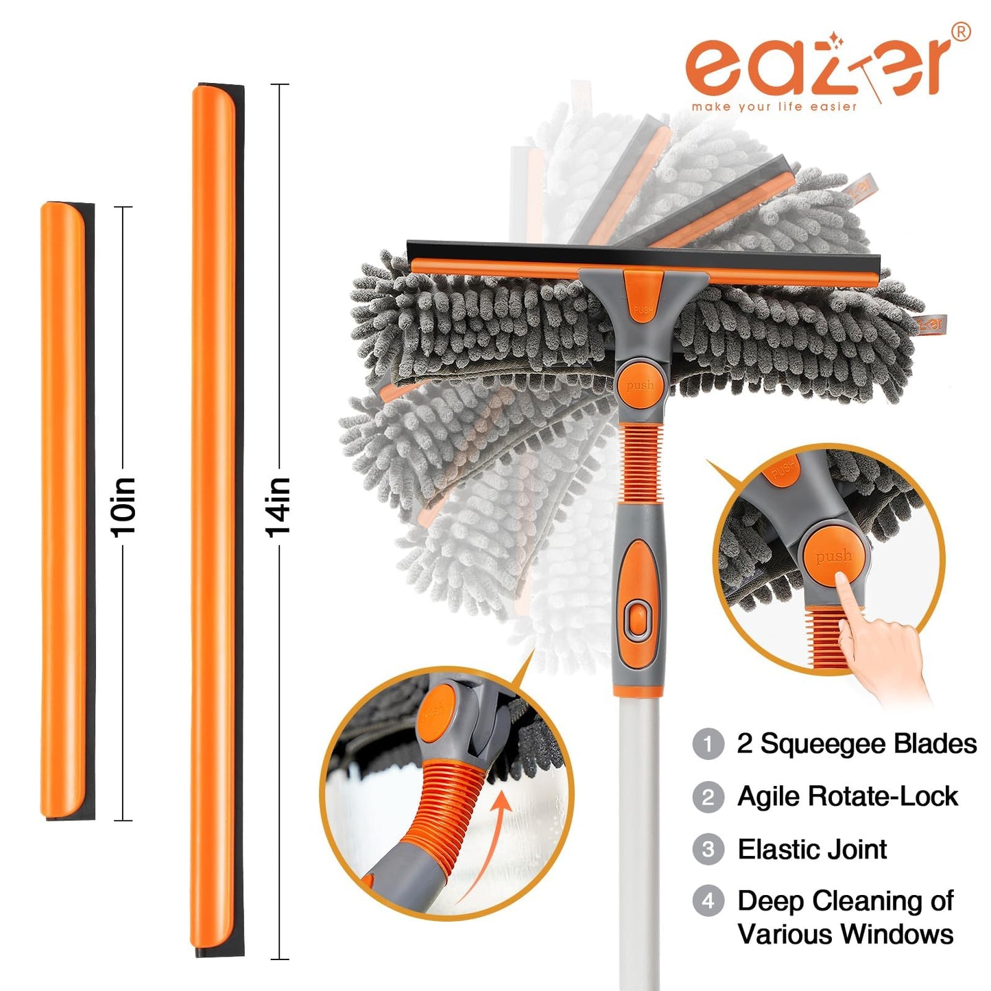 Eazer 64'' Squeegee Window Cleaner 2 in 1 Rotatable Window Cleaning Tool Kit with Telescopic Pole