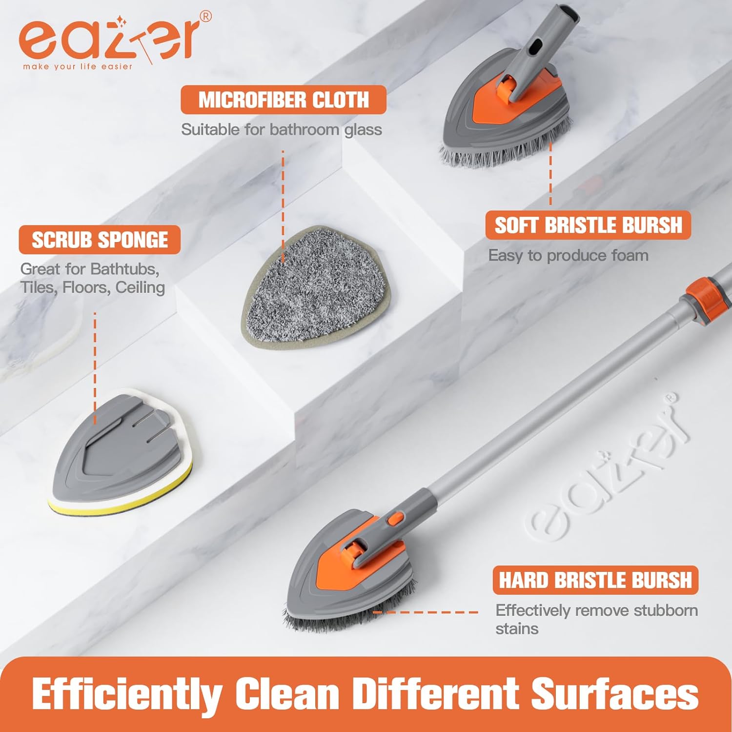 Eazer 4-in-1 Long-Handled Tub Scrubber - Versatile Shower and Bathroom Cleaning Brush