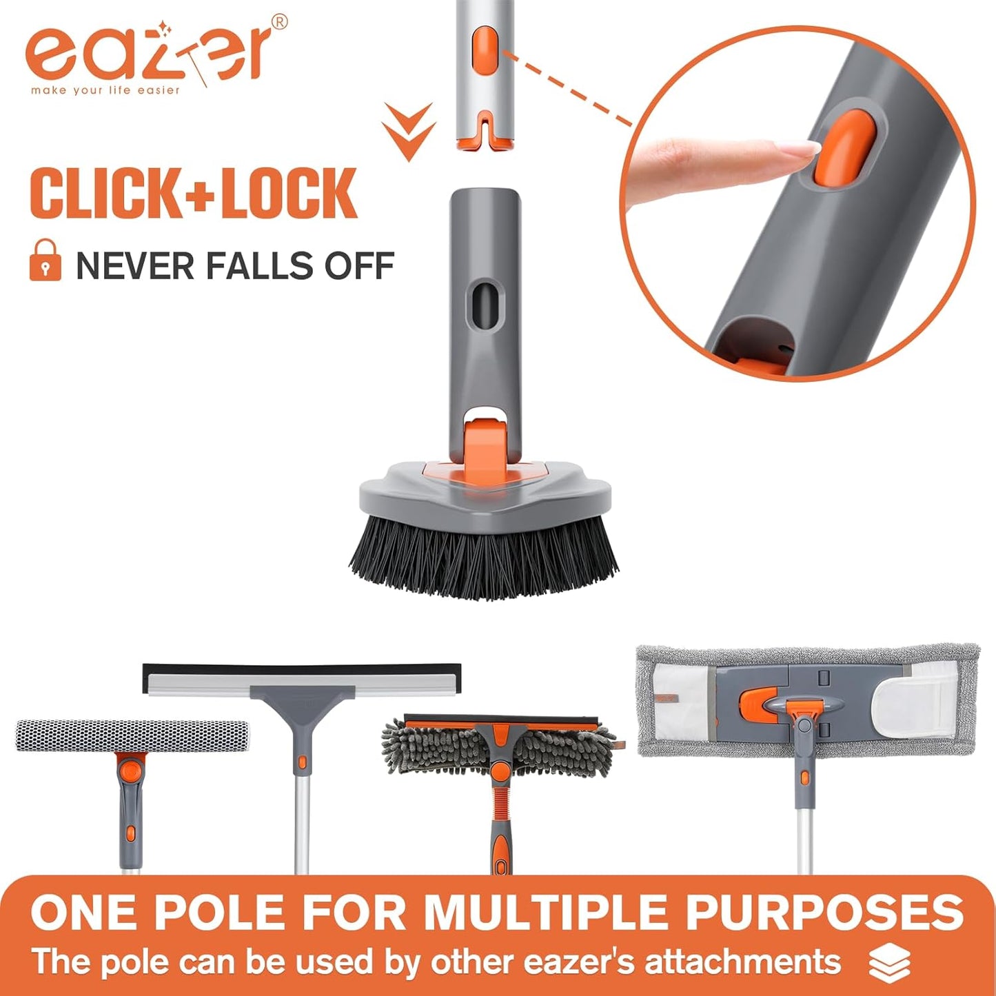 Eazer 4-in-1 Long-Handled Tub Scrubber - Versatile Shower and Bathroom Cleaning Brush