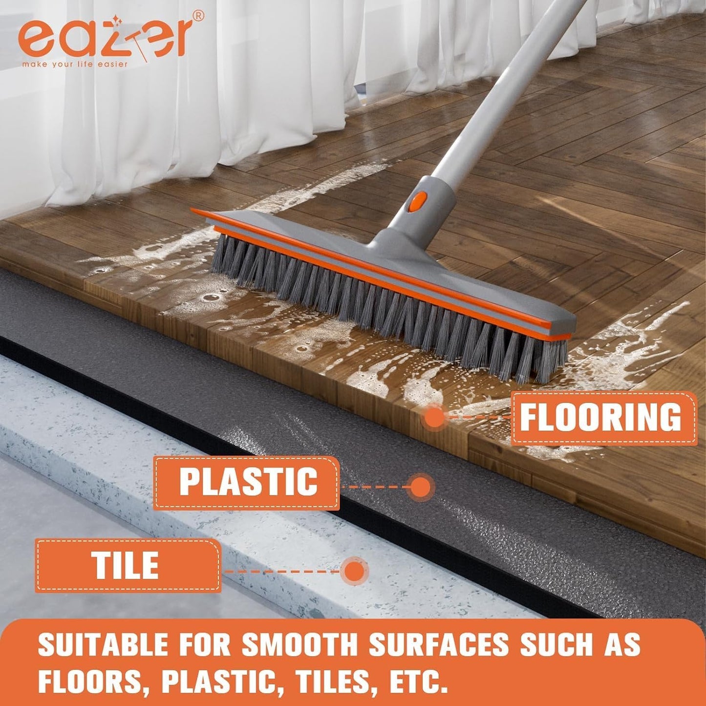 Eazer Floor Scrubber Brush - 2-in-1 Deck Scrubber with Long Handle