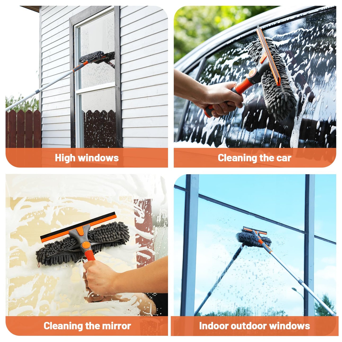 Eazer 2-in-1 Window Cleaner Tool, 64'' Window Squeegee Kit with Telescopic Pole, Window Washing Kit with Rotatable Bendable Head(Threaded + Telescopic)